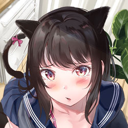 This is a pixiv picture whose title is 猫耳を付ける遊びをしていたらなでなでを懇願してきた後輩.