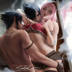 This is a pixiv picture whose title is 春野樱x宇智波佐助x分身SasukeXSakuraXClone.