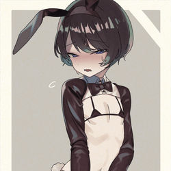This is a pixiv picture whose title is 嫌がるおとなしめの男の子に逆バニー着せたい.