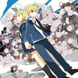 This is a pixiv picture whose title is 【#ぽかぽか春の鏡音まつり】春待ち八重桜／鏡音リン・レン.