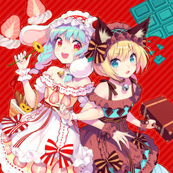 This is a pixiv picture whose title is イチゴショートうさぎとチョコミント猫.
