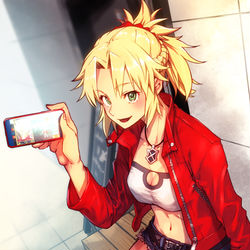 This is a pixiv picture whose title is 「なぁなぁ！俺の服実証されてるぜ！」モードレット.