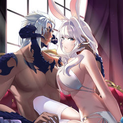 This is a pixiv picture whose title is FF14 龙男X兔娘.