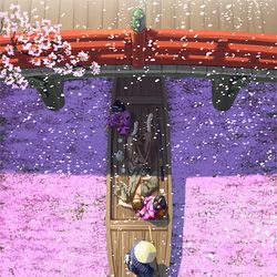 This is a pixiv picture whose title is 「桜散る川」.