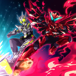 This is a pixiv picture whose title is 『バーニングレインラッシュ！』『メタルライジングインパクト！』.