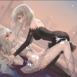 This is a pixiv picture whose title is 【明日方舟】幽灵鲨和斯卡蒂的故事.