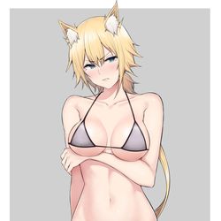 This is a pixiv picture whose title is いつも肌面積少なめの服を着ているのに、ビキニを着るとなぜか….