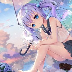 This is a pixiv picture whose title is 黄昏の雨と水平線の上（セーラー服チノ）.