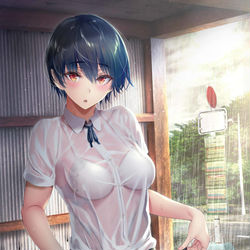 This is a pixiv picture whose title is 気になる男子と下校中、夕立に降られバス停で雨宿りをしている際に～.