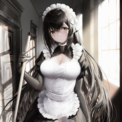 This is a pixiv picture whose title is 黒髪メイドちゃんの朝.