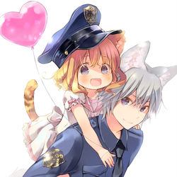 This is a pixiv picture whose title is 犬のお巡りさんと迷子のにゃんこ.