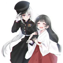 This is a pixiv picture whose title is 軍服さんと巫女さん.