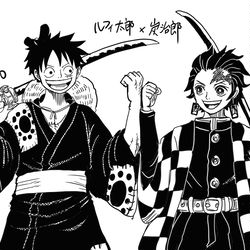 This is a pixiv picture whose title is ルフィ太郎と炭治郎.