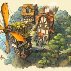 This is a pixiv picture whose title is 風車小屋 -峡谷の街-.