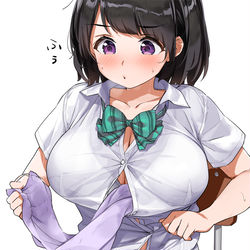 This is a pixiv picture whose title is 谷間や下乳の汗をタオルで拭く紐パンJK.