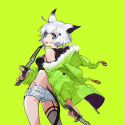 This is a pixiv picture whose title is 蛍光グリーン×ネコチャン.
