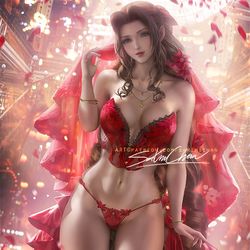 This is a pixiv picture whose title is 艾瑞丝红色礼服 Red lingery Aerith.
