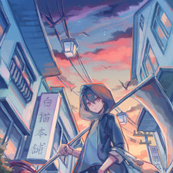 This is a pixiv picture whose title is 夕焼けと裏路地とコンビニ帰りの死神.