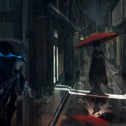 This is a pixiv picture whose title is 赤い傘の女.
