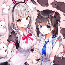 This is a pixiv picture whose title is ウサギャルちゃんとネコーハイちゃん.