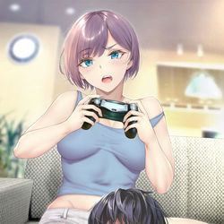 This is a pixiv picture whose title is 気になる男子の家に遊びに行き、ゲームで対戦中負けそうになると、～.