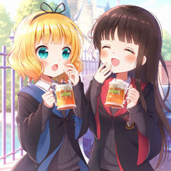 This is a pixiv picture whose title is 「シャロちゃん、ひげがついてるわよ」 「あんたもね！」.