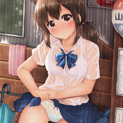 This is a pixiv picture whose title is バス停で濡れ透けＪＫちゃんとこの後『ナニ』モオコラナイワケモナク.