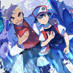 This is a pixiv picture whose title is 【初代ポケモン】レッド＆オーキド博士.