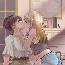 This is a pixiv picture whose title is 酔った勢いでキスする百合.