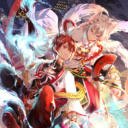 This is a pixiv picture whose title is 九尾狐（天）& 鬼火（陸）.