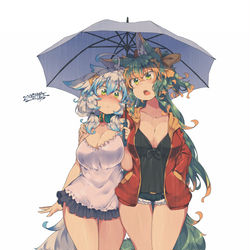 This is a pixiv picture whose title is 「ほら、もうちょい寄らないと濡れるぞ」.