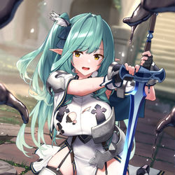 This is a pixiv picture whose title is 巨乳エルフ女騎士の敗北.