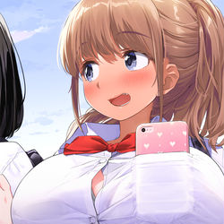 This is a pixiv picture whose title is 胸ポケットにいれたスマホがぱつぱつなJK.