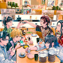 This is a pixiv picture whose title is 現代×鬼滅の刃 in くら寿司.