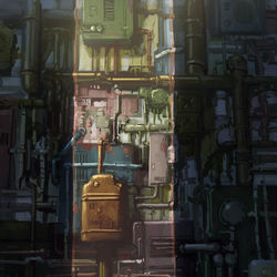 This is a pixiv picture whose title is 「機械街」.