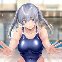 This is a pixiv picture whose title is 気になる男子のいる水泳部に毎日レクチャーを受けにきて、ストレッ～.