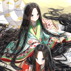 This is a pixiv picture whose title is 十二単を着た子たちの髪梳き.
