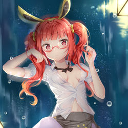 This is a pixiv picture whose title is 红发傲娇双马尾眼睛娘特斯拉.