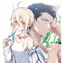 This is a pixiv picture whose title is 白スク水着Xオルタ殿と暗黒卿.