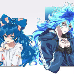 This is a pixiv picture whose title is 青くて燃えてそうな髪.