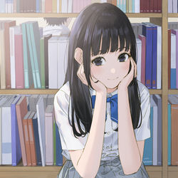 This is a pixiv picture whose title is 本棚越しの君との時間.