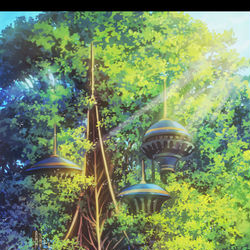 This is a pixiv picture whose title is 緑光の街.