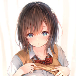 This is a pixiv picture whose title is 透けブラを見せてくれる着衣巨乳の女の子.