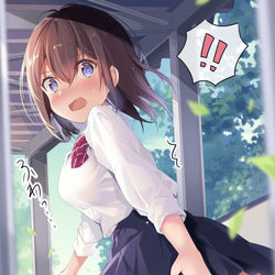 This is a pixiv picture whose title is 「渡り廊下にて、風が舞う」.