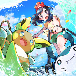 This is a pixiv picture whose title is 【夏を感じるポケモンイラスト】「波」.