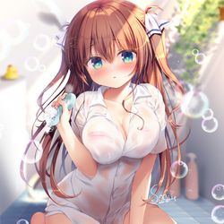 This is a pixiv picture whose title is 「ごめん、借りたシャツぬれちゃった…///」.