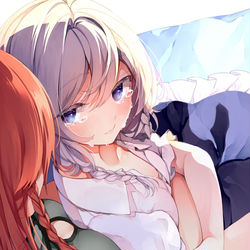 This is a pixiv picture whose title is 美鈴に可愛がられる咲夜さんが見たい.