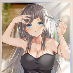 This is a pixiv picture whose title is 「……はっ！前髪切りすぎた…」.