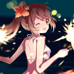 This is a pixiv picture whose title is 花火とつるの.