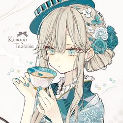 This is a pixiv picture whose title is 着物×ティータイム.
